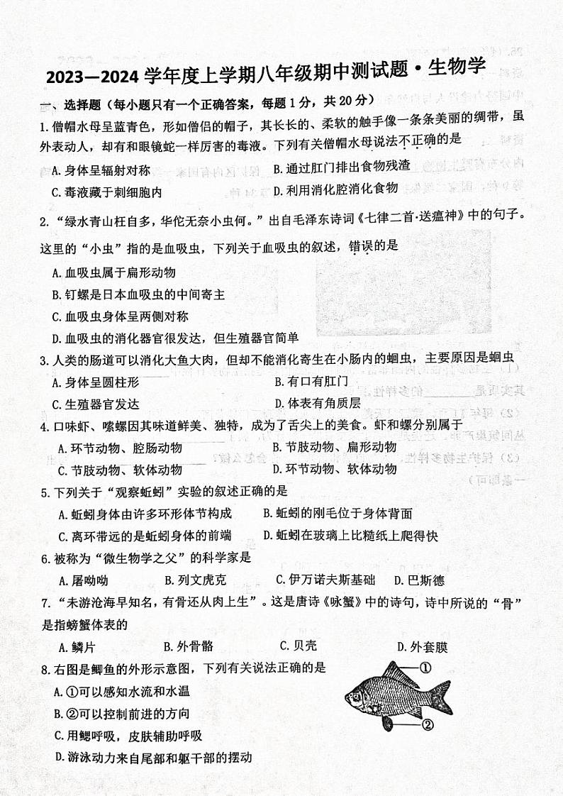 吉林省长春市榆树市慧望初级中学2023-2024学年八年级上学期期中生物试题第1页