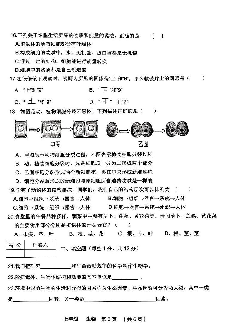 甘肃省定西市安定区等2地2023-2024学年七年级上学期期中生物试题第3页