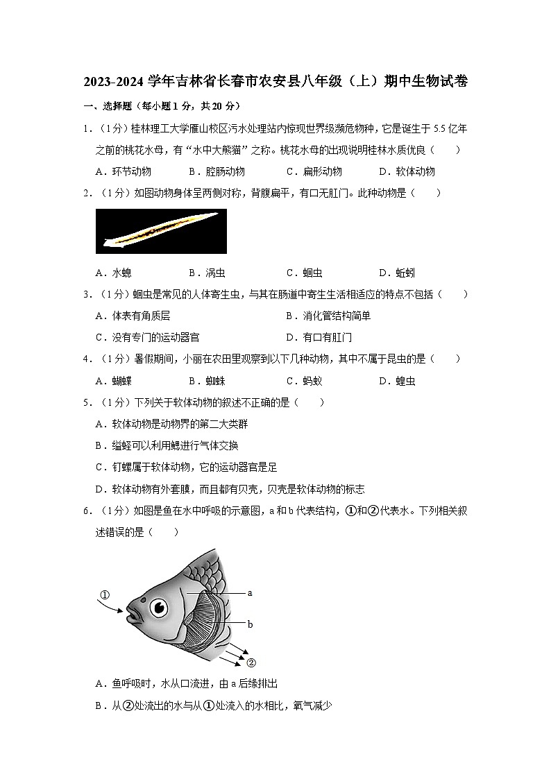 吉林省长春市农安县2023-2024学年八年级上学期期中生物试卷第1页