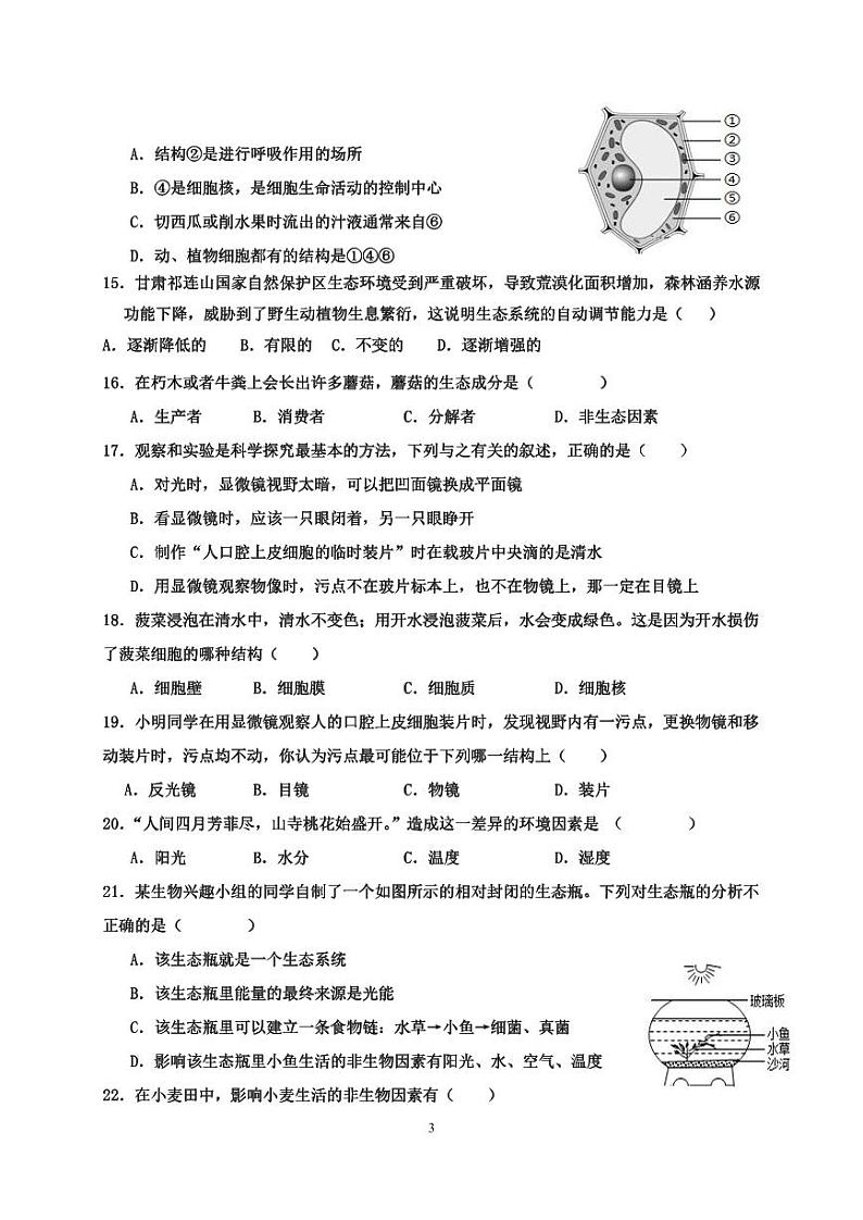 湖南省衡阳市祁东县育贤中学2023-2024学年七年级上学期期中考试生物试题第3页