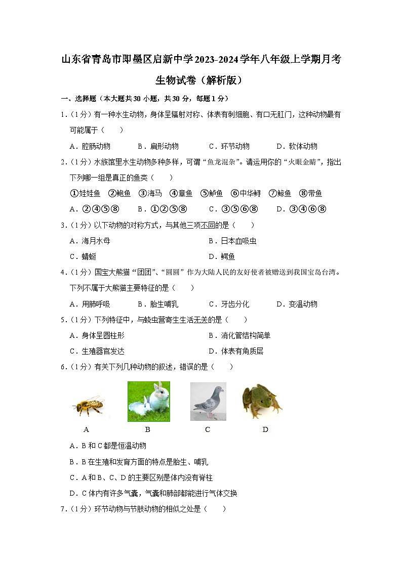 山东省青岛市即墨区启新中学2023-2024学年八年级上学期月考生物试卷第1页