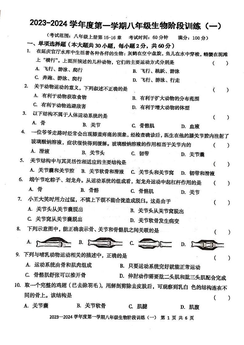广东省 廉江市平坦中学 2023-2024学年度第一学期八年级生物第一次月考试题(无答案)01