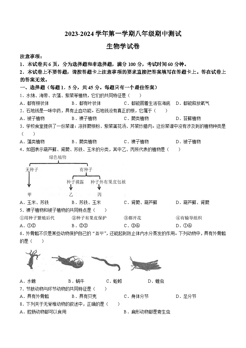 河南省洛阳市东升第二初级中学2023-2024学年八年级上学期期中生物试题第1页