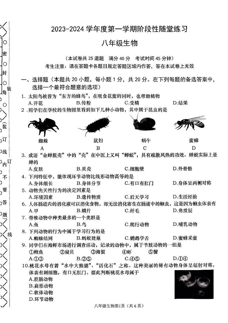 辽宁省大连市甘井子区2023-2024学年八年级上学期11月期中生物试题01