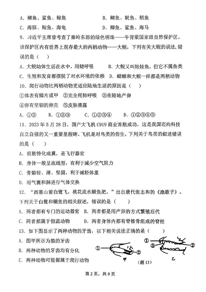 广东省中山一中教育集团2023-2024学年八年级上学期11月期中生物试题第2页