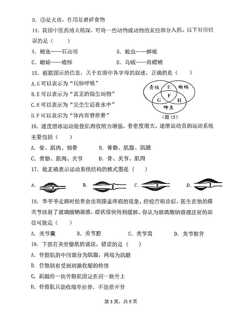 广东省中山一中教育集团2023-2024学年八年级上学期11月期中生物试题第3页