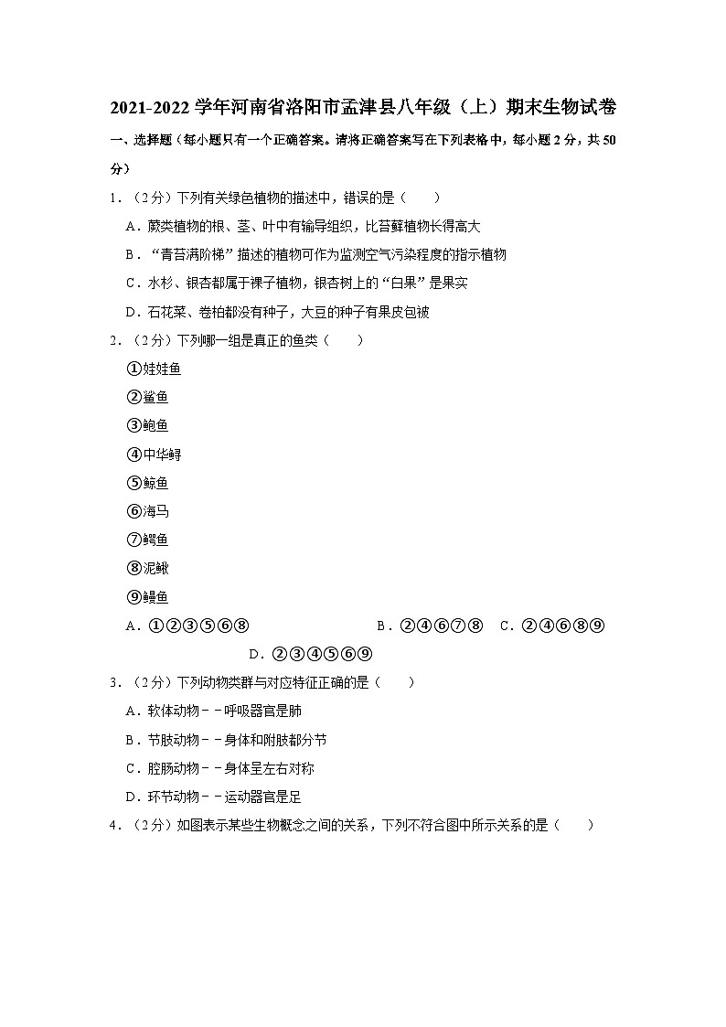 河南省洛阳市孟津县2021-2022学年八年级上学期期末生物试卷第1页