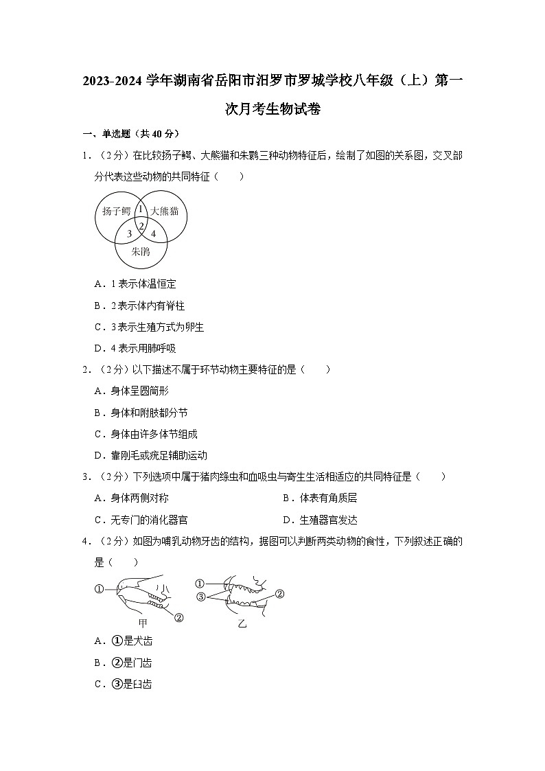 湖南省岳阳市汨罗市罗城学校2023-2024学年八年级上学期第一次月考生物试卷01