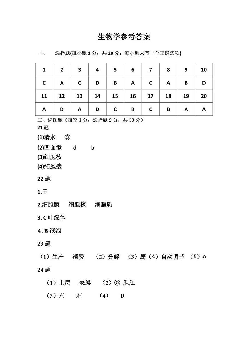 吉林省长春汽车经济技术开发区实验学校2023-2024学年七年级上学期期中生物答案第1页
