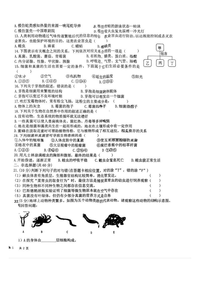 湖南省岳阳市第十中学 2023-2024学年八年级上学期期中考试生物试卷第2页