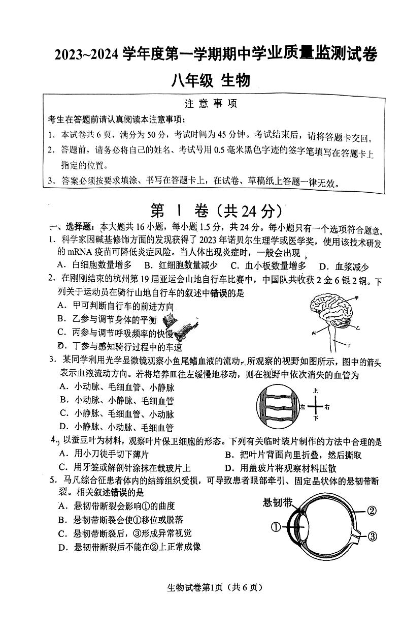 江苏省南通市2023-2024学年八年级上学期期中生物试题01