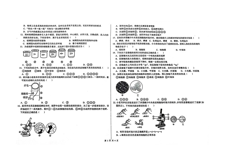 河南省郑州市四中2023-2024学年 七年级上学期期中考试生物 试卷第2页