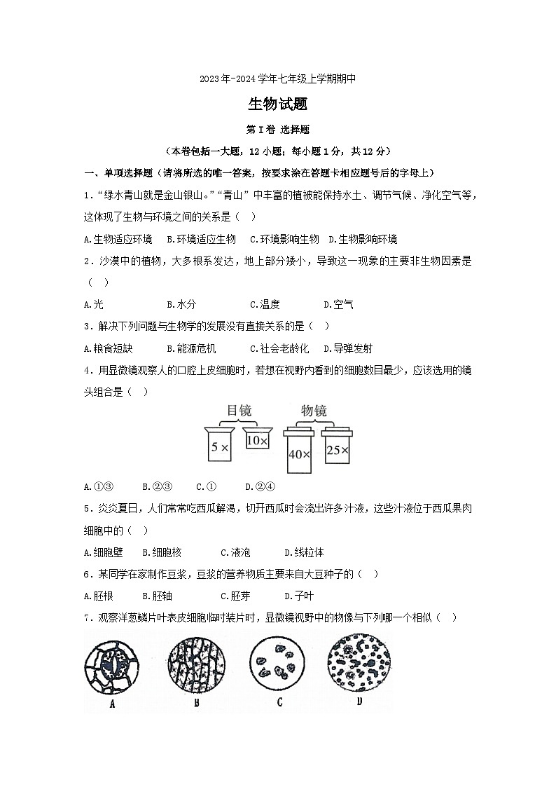 辽宁省鞍山市铁西区2023年-2024学年七年级上学期期中生物试题01
