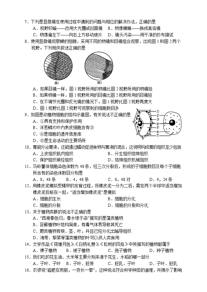 湖南省张家界市慈利县2022-2023学年七年级上学期期末考试生物试题02