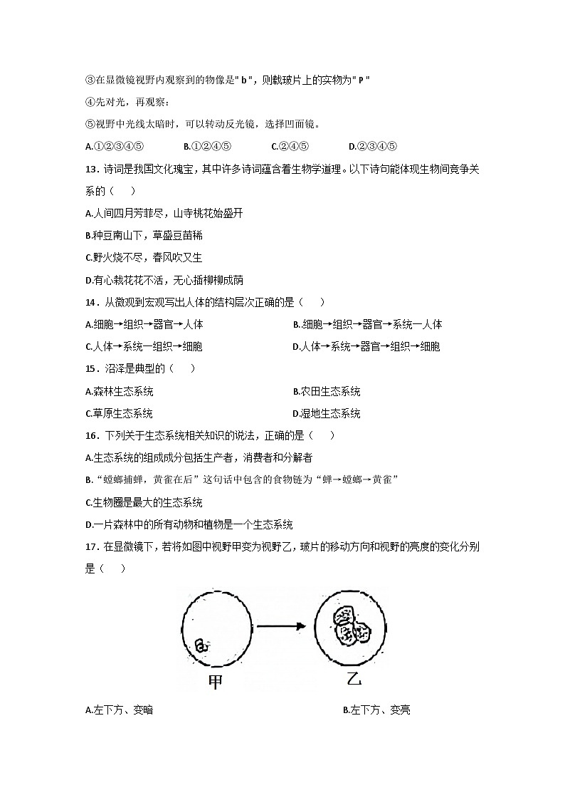 辽宁省盘锦市第一完全中学2023-2024学年七年级上学期期中考试生物试卷03