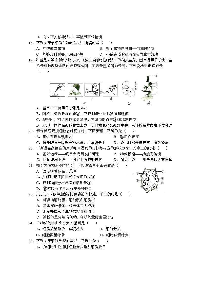 四川省巴中市巴州区2023--2024学年七年级上学期生物期中测试试题第3页
