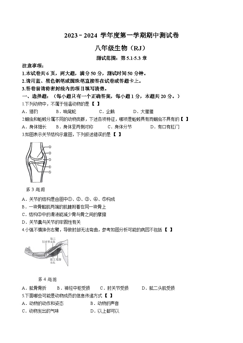 河南南阳市新野县三校2023-2024学年八年级上学期期中生物试题01