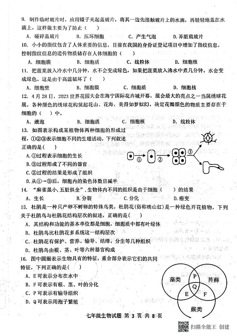 山东省济南市长清区2023—2024学年七年级上学期生物期中考试试题03