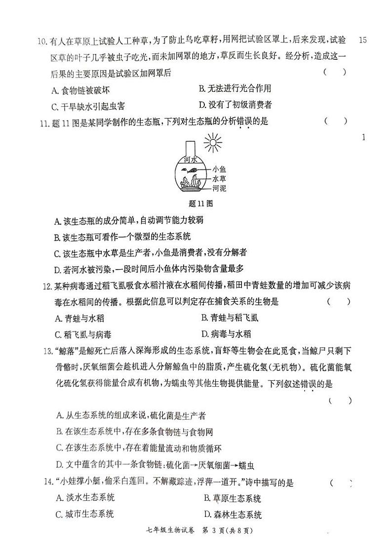 广东省阳江市江城区2023-2024学年度第一学期七年级生物期中质量检测试卷（PDF版，无答案）第3页