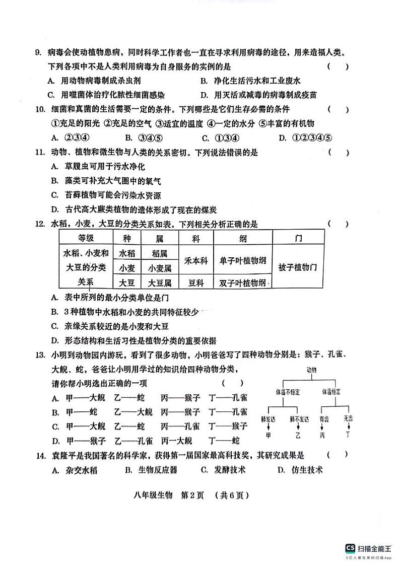 河南省周口市2023-2024学年八年级上学期期中生物学试题第2页