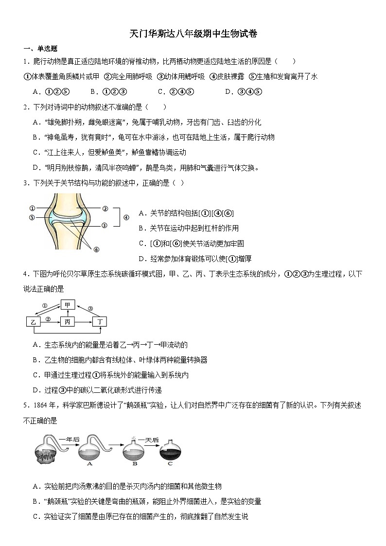 湖北省天门市华斯达学校2023-2024学年八年级上学期期中考试生物试题第1页