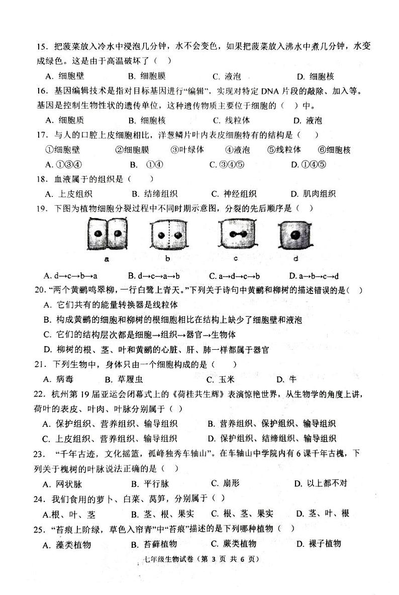 河北省唐山市丰润区2023-2024学年七年级上学期期中生物试题03