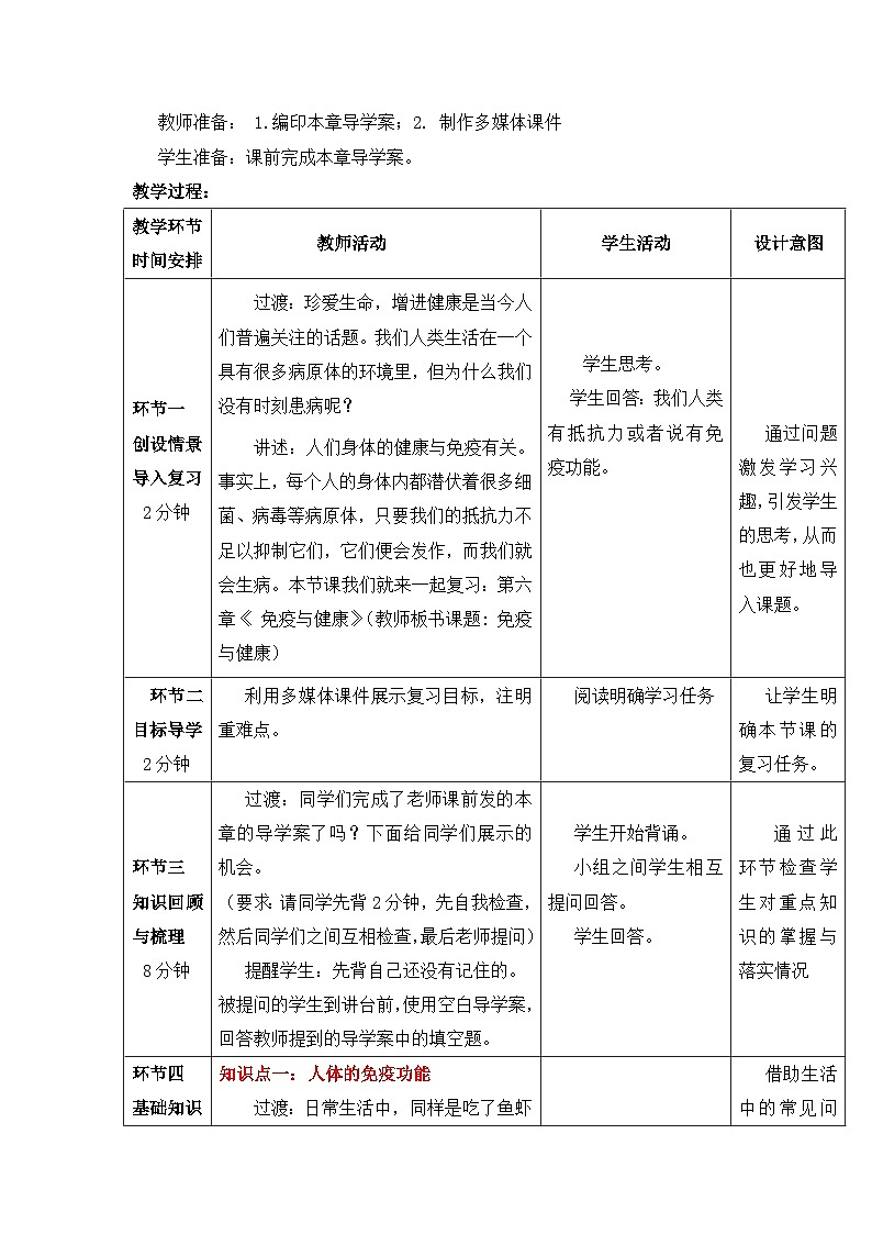 济南版生物七下 第三单元 38--免疫与健康 复习 教案03