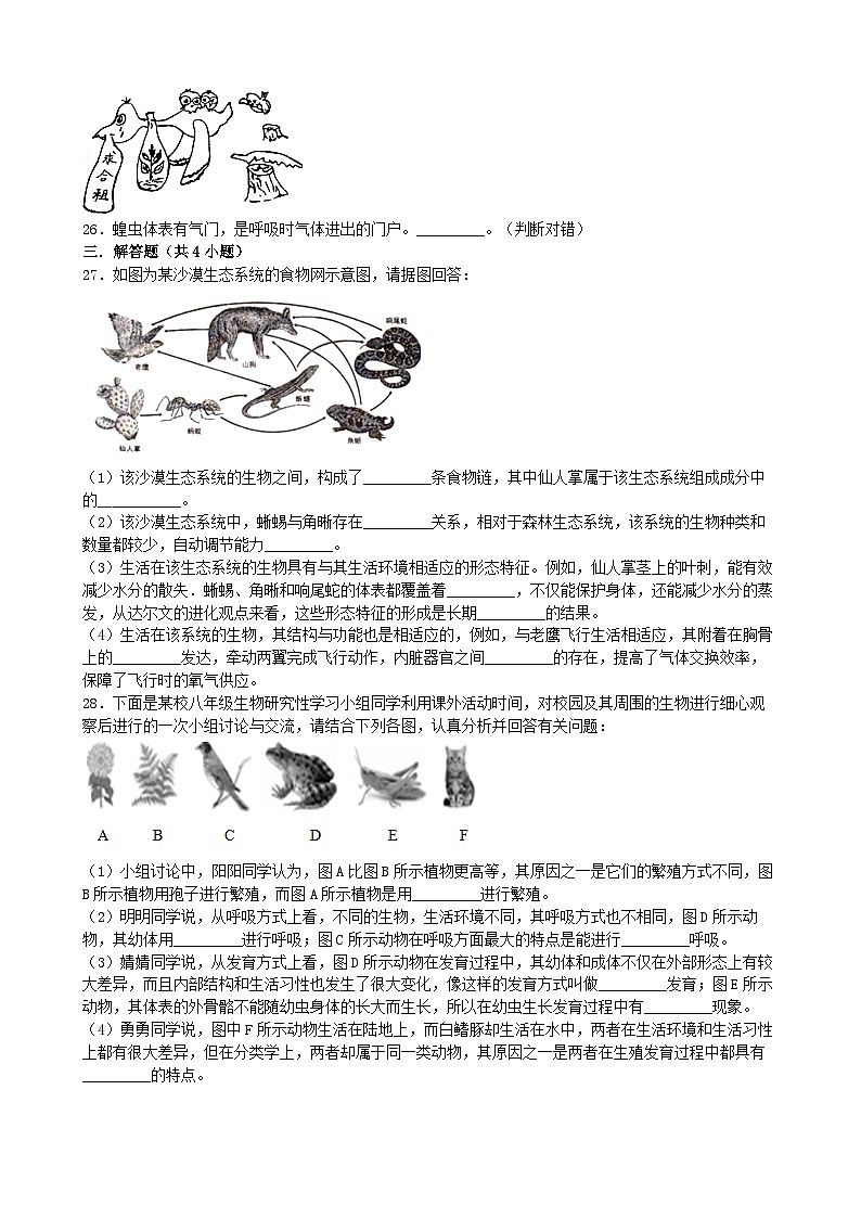 人教版生物八年级上册 第五单元第一章 动物的主要类群单元测试第3页