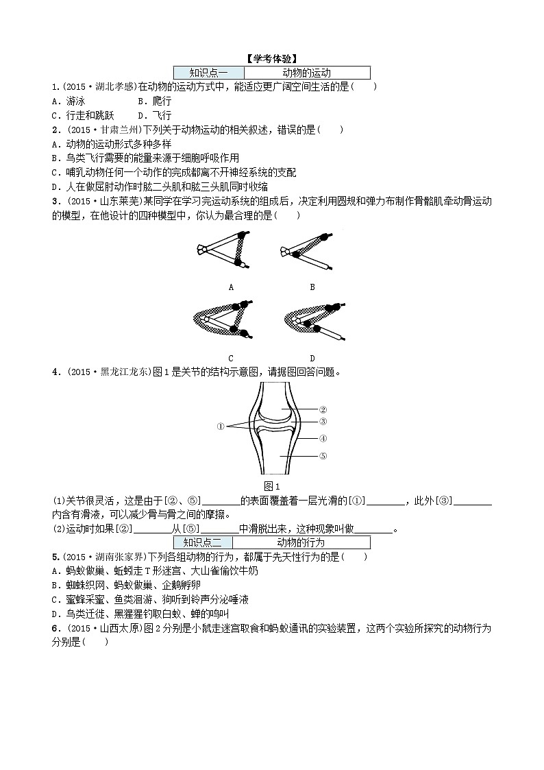 人教版生物八年级上册 第五单元第二、三章 复习课单元测试03