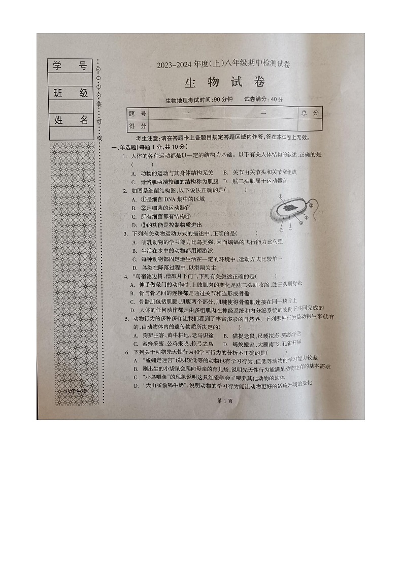 辽宁省本溪市2023-2024学年八年级上学期期中生物试题01
