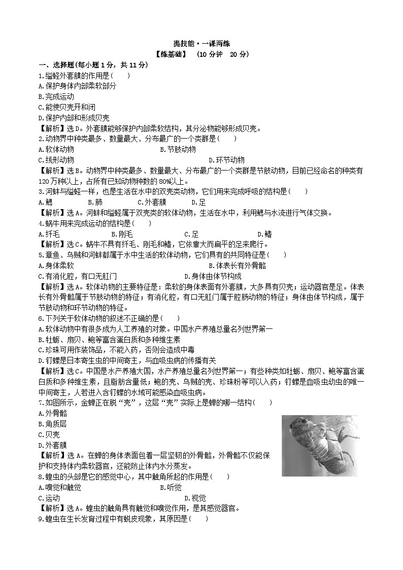 人教版生物八年级上册 5.1.3课时检测卷第1页