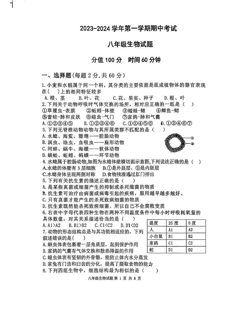 山东省日照市曲阜师范大学附属实验学校2023-2024学年八年级上学期期中考试生物试卷01