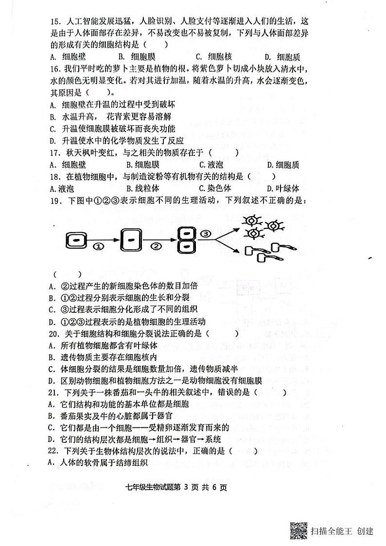 山东省日照市实验中学、曲师大学附属实验中学2023-2024学年七年级上学期期中生物试题第3页