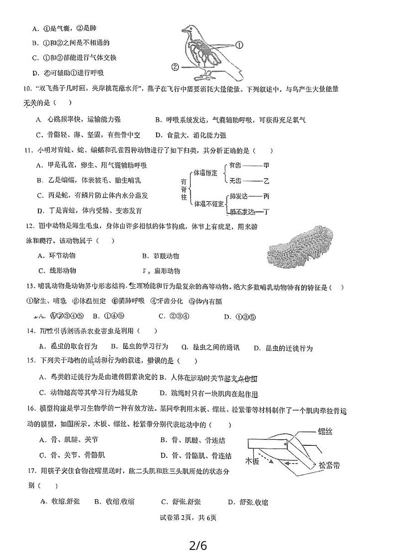 福建省福州市四校联考2023-2024学年八年级上学期期中生物试题02