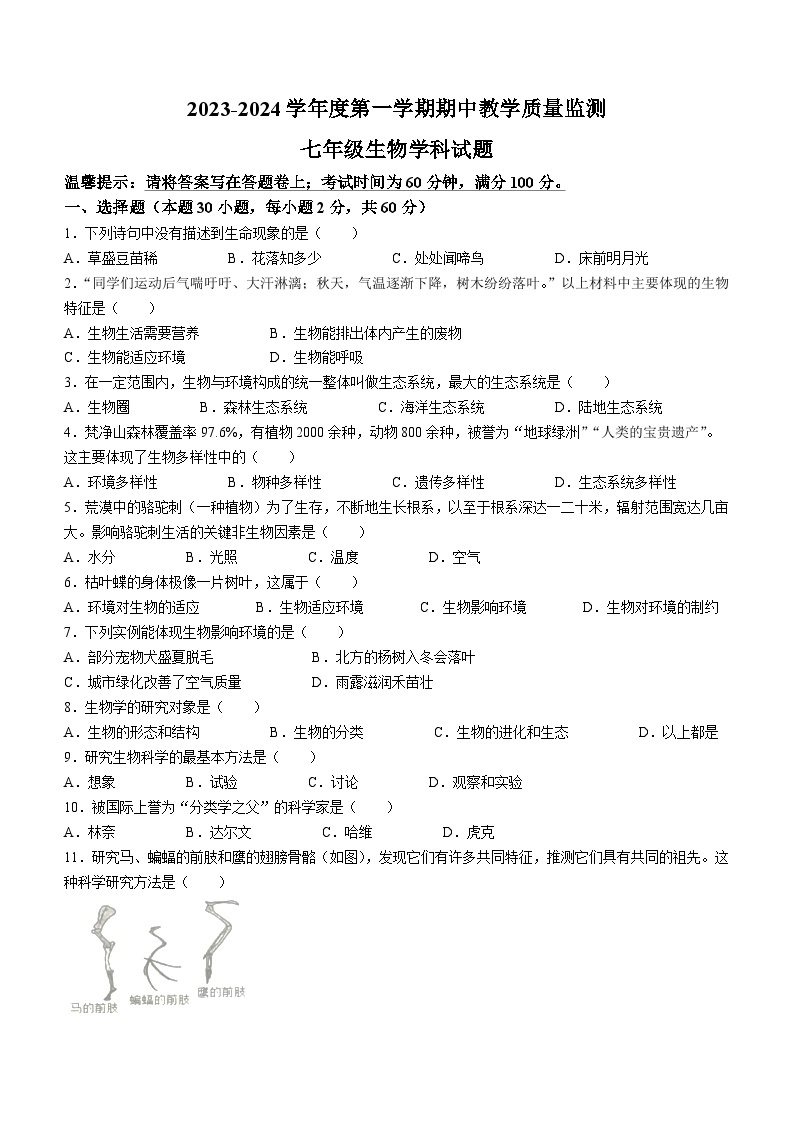 广东省揭阳市揭东区2023-2024学年七年级上学期期中生物试题01