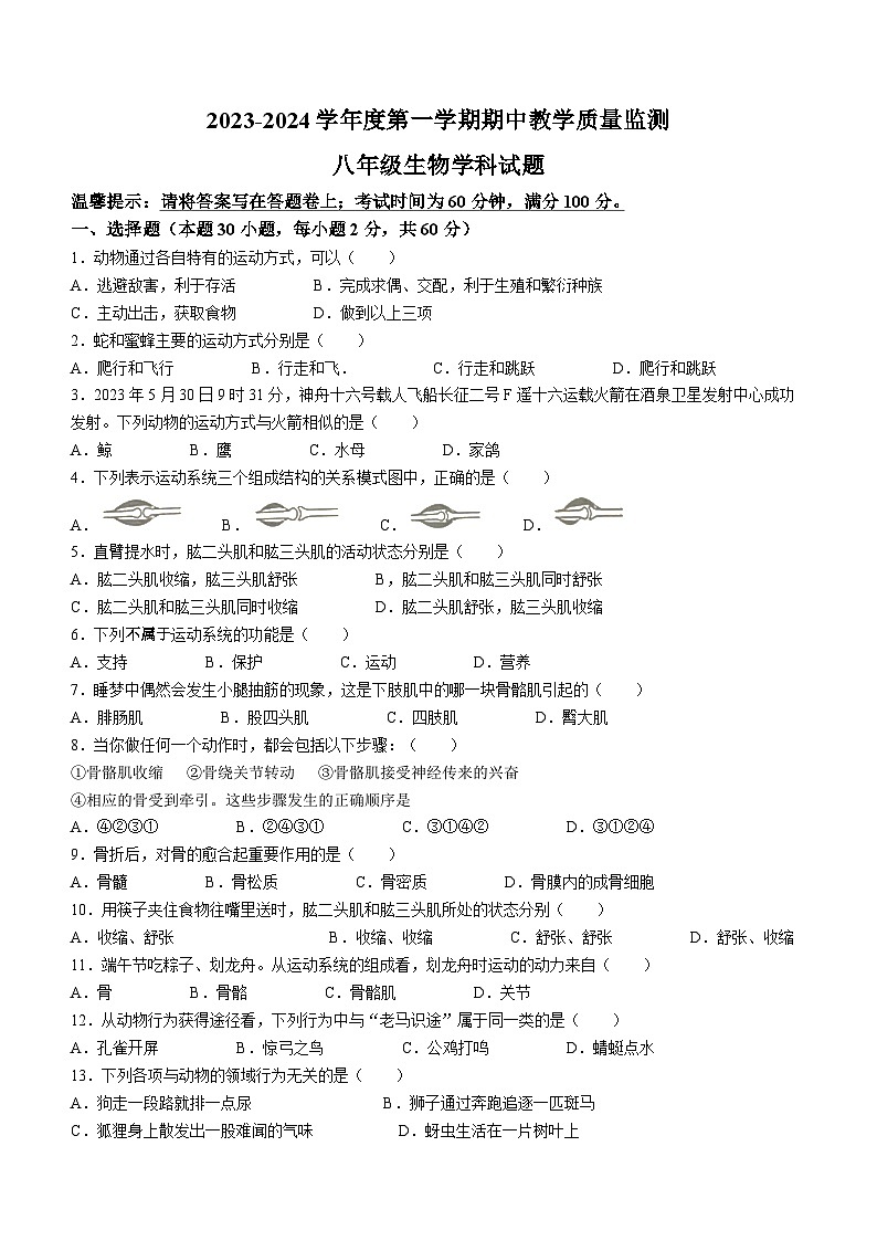 广东省揭阳市揭东区2023-2024学年八年级上学期期中生物试题第1页