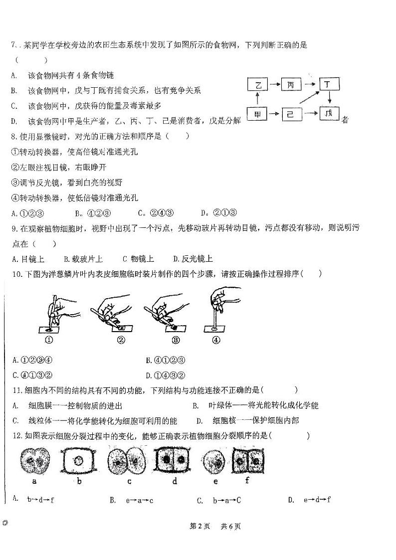 辽宁省丹东市第五中学2023-2024学年七年级上学期期中测试生物学试卷第2页