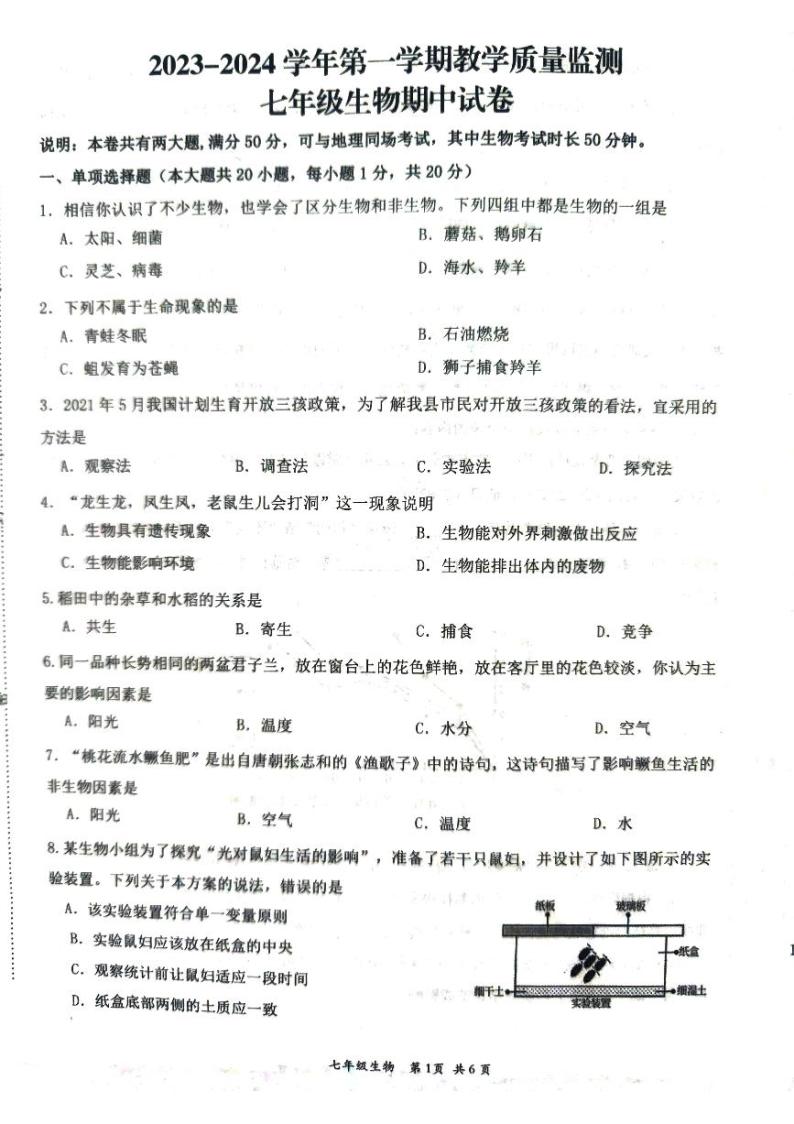 江西省赣州市崇义县2023-2024学年七年级上学期期中生物试题01