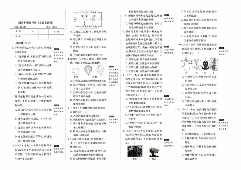 人教版版七年级上册《生物学》期末专项复习卷（易错易混卷）【含参考答案】01