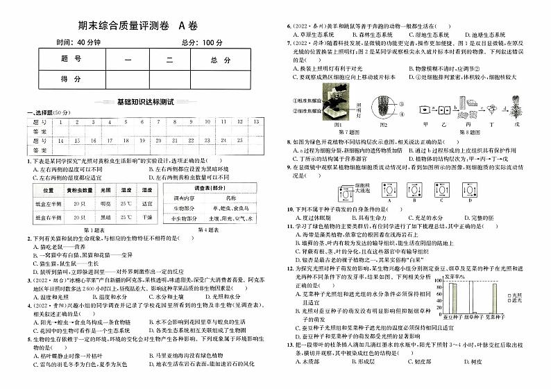人教版版七年级上册《生物学》期末综合质量评测卷A卷【含参考答案】01