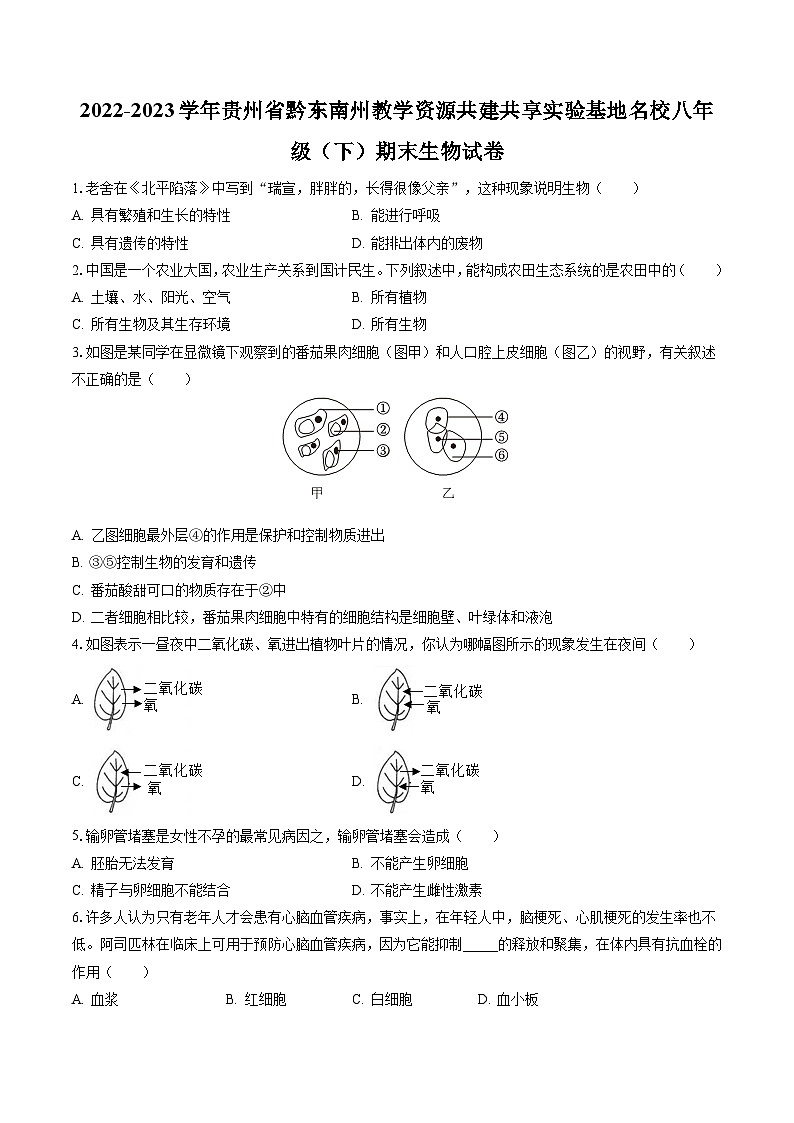 2022-2023学年贵州省黔东南州教学资源共建共享实验基地名校八年级（下）期末生物试卷（含答案解析）第1页