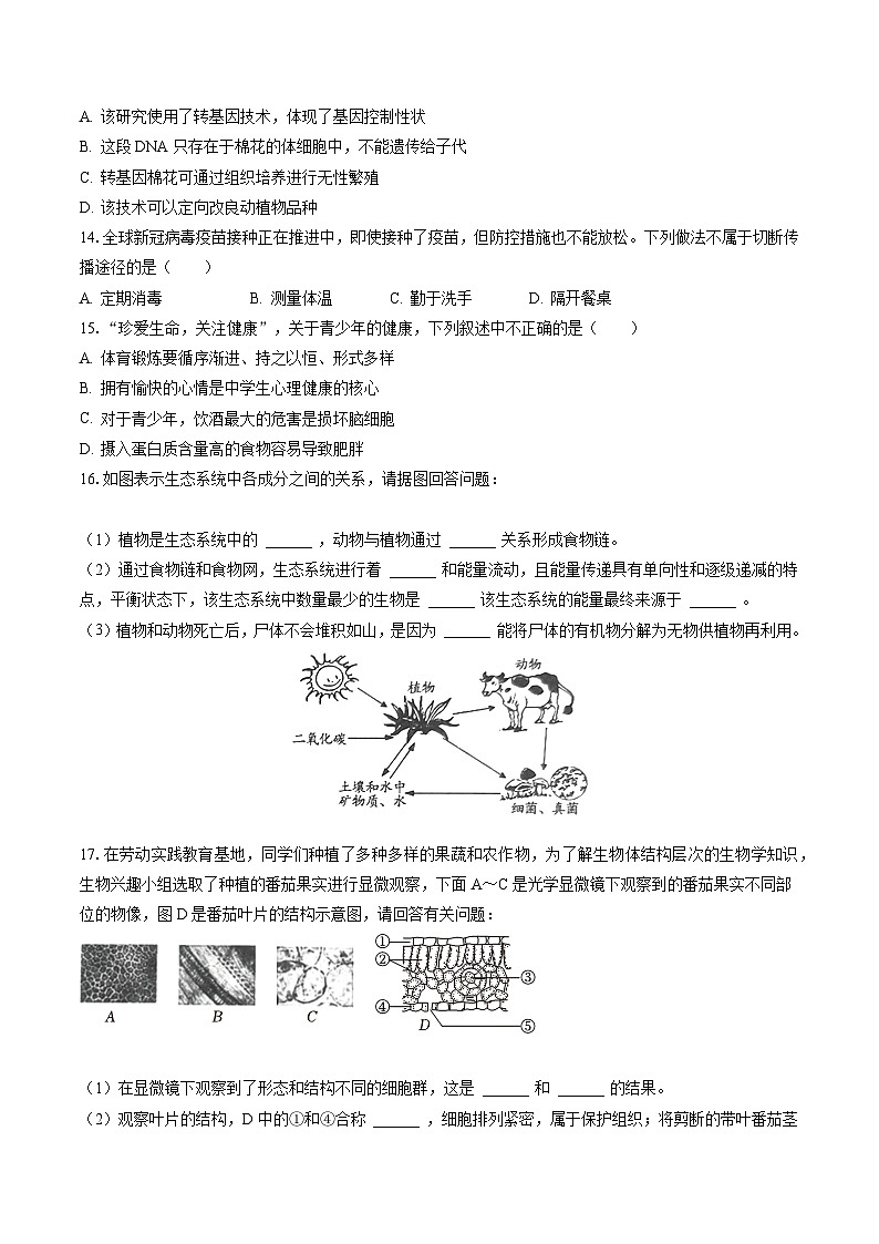 2022-2023学年贵州省黔东南州教学资源共建共享实验基地名校八年级（下）期末生物试卷（含答案解析）第3页
