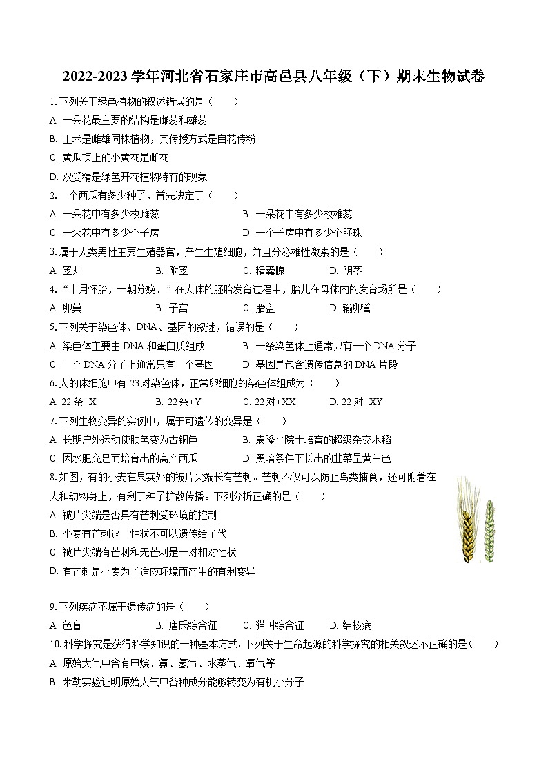 2022-2023学年河北省石家庄市高邑县八年级（下）期末生物试卷（含答案解析）01