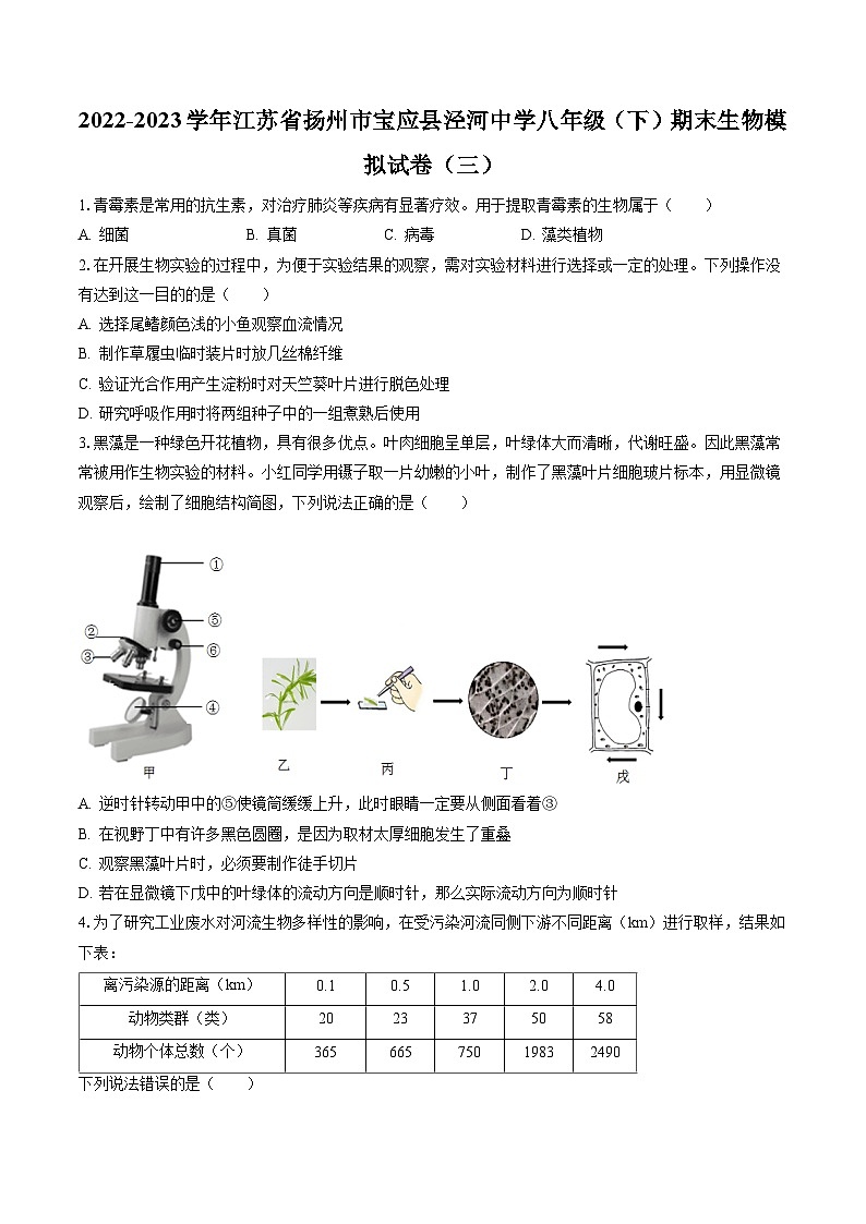 2022-2023学年江苏省扬州市宝应县泾河中学八年级（下）期末生物模拟试卷（三）（含答案解析）第1页