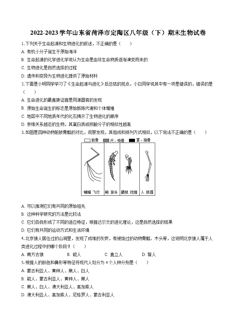 2022-2023学年山东省菏泽市定陶区八年级（下）期末生物试卷（含答案解析）01