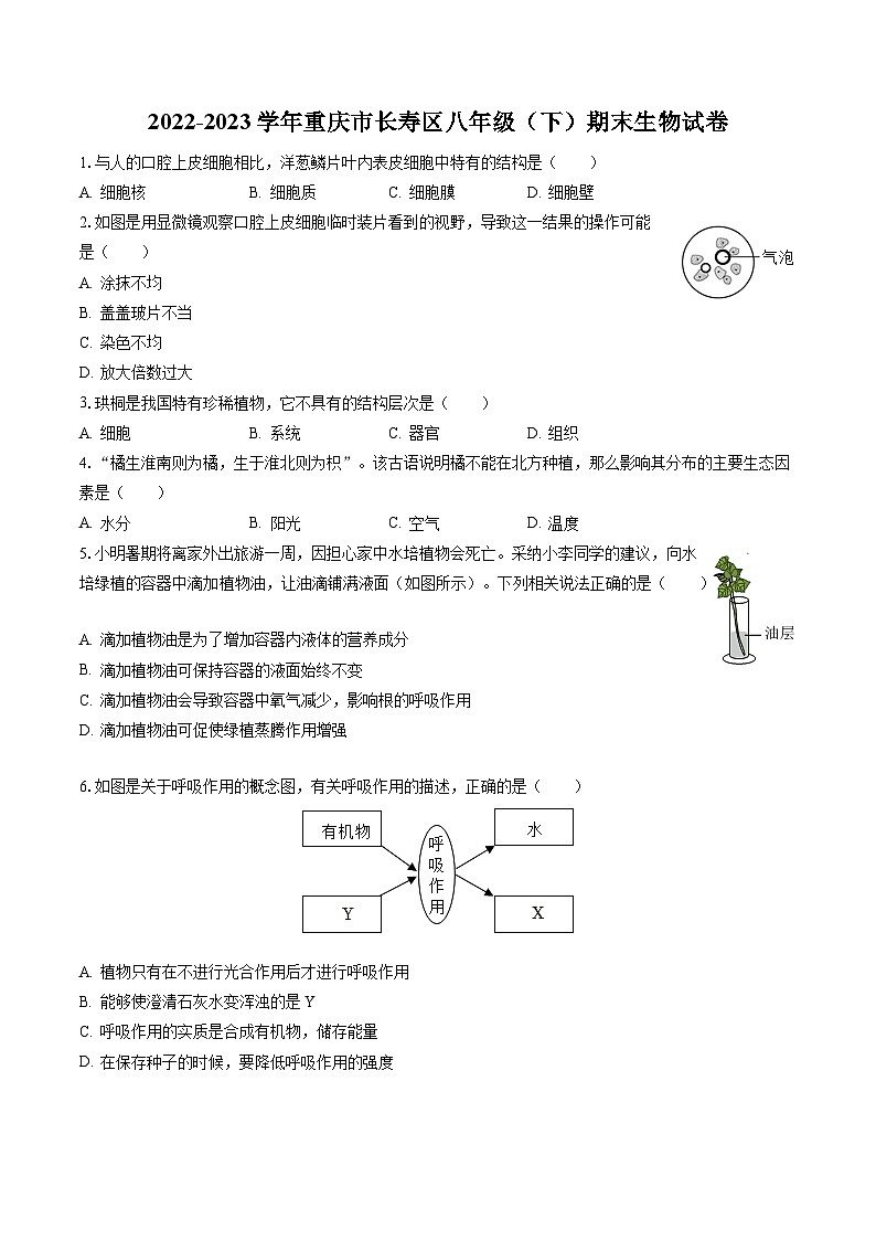 2022-2023学年重庆市长寿区八年级（下）期末生物试卷（含答案解析）第1页