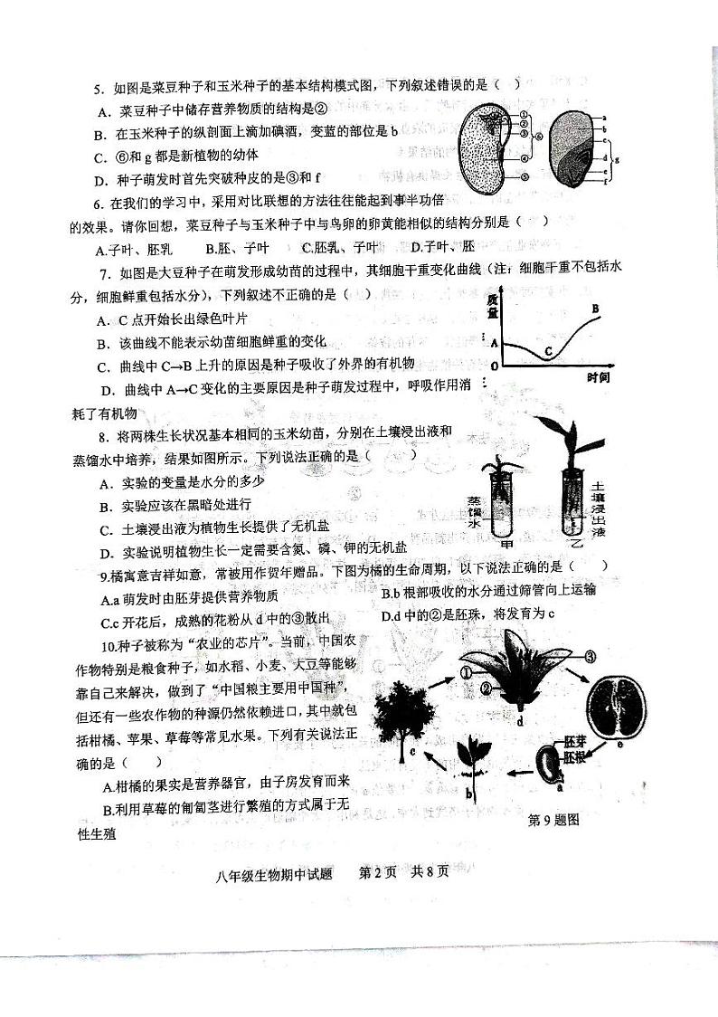山东省济宁市微山县2023--2024学年八年级上学期期中考试生物试题第2页
