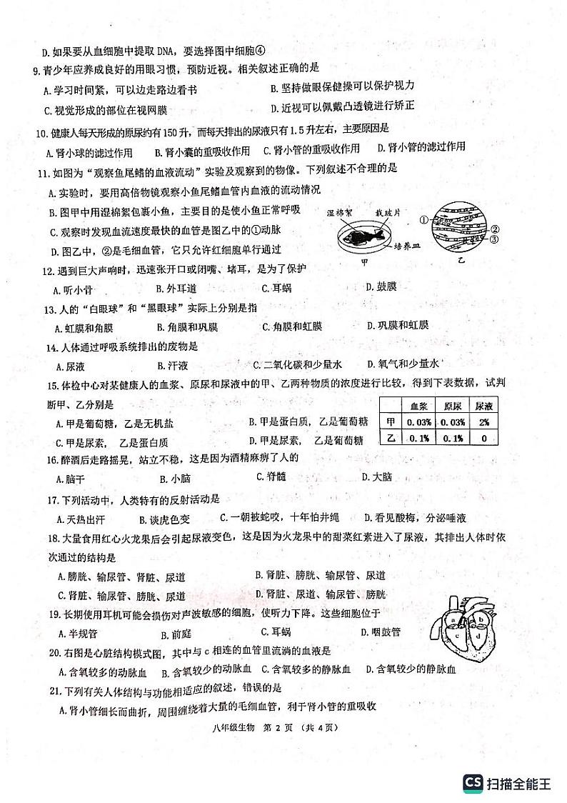 江苏省宿迁市宿城区2023-2024学年八年级上学期期中生物试题02