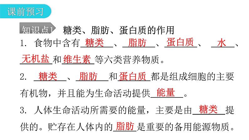 人教版七年级生物下册第二章第一节食物中的营养物质课件第5页