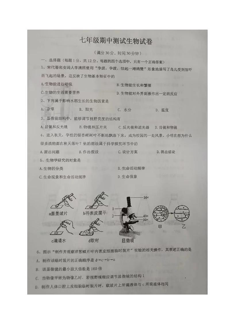 辽宁省辽阳市第二中学协作校2023-2024学年七年级上学期期中考试生物试题01